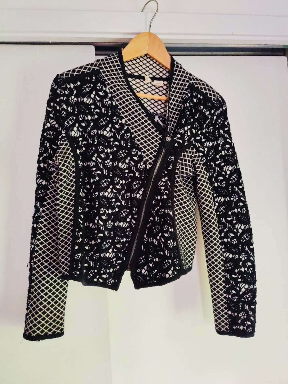 Moth Zip Moto Sweater Jacket Black and White Size Petite Small